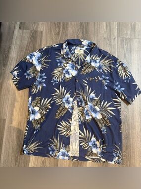 Island Shores Washable 100% Silk Blue Tropical Print Button Down Shirt Size XXL